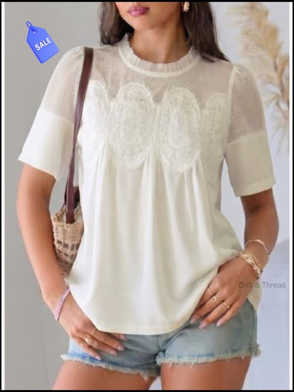 Lace Blouse Elegant Flared Swing Top Crew Neck Short Sleeve Embroidered Mesh - Picture 5 of 7